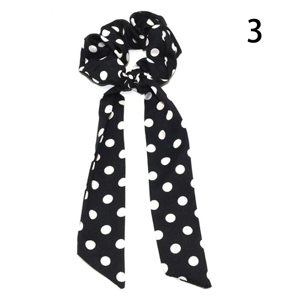 Boho Style Printed Ribbon Bow Hair Scrunchies Elastic Hair Bands Women Elegant Polka Dot Knotted Scarf Hair Accessories Headwear