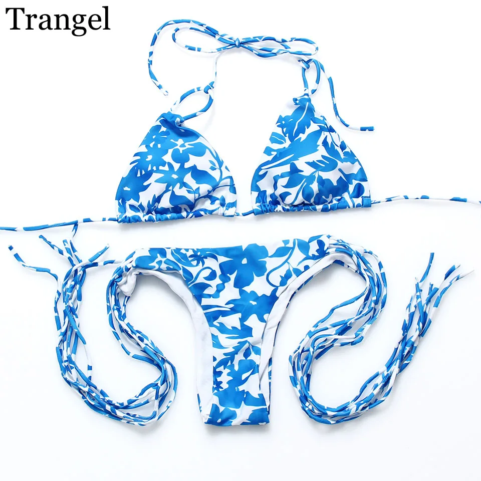 Trangel Sky Blue Flowers Print Halter Women Bikini Set Tie side