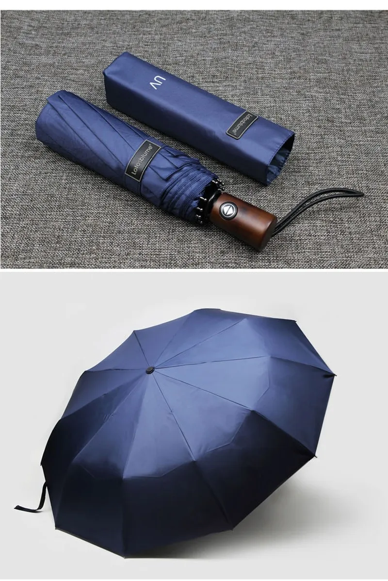 Exellent Quality Wood Handle Business Male Umbrella Automatic Folding 10 Rib Strong Windproof Black Blue Sun Umbrella Rain Women16