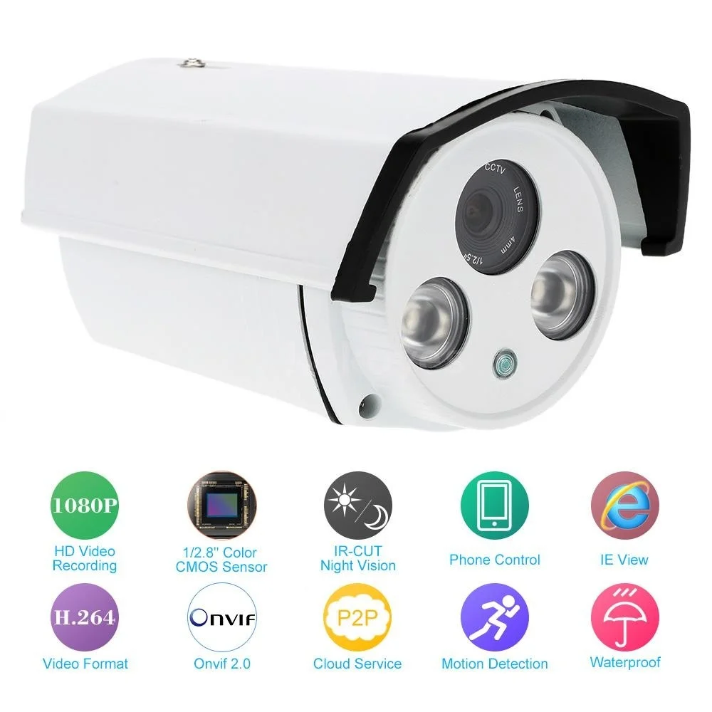 

H.264 HD 1080P Waterproof IP Camera Onvif with 2pcs Array LEDs CCTV Security Home Surveillance