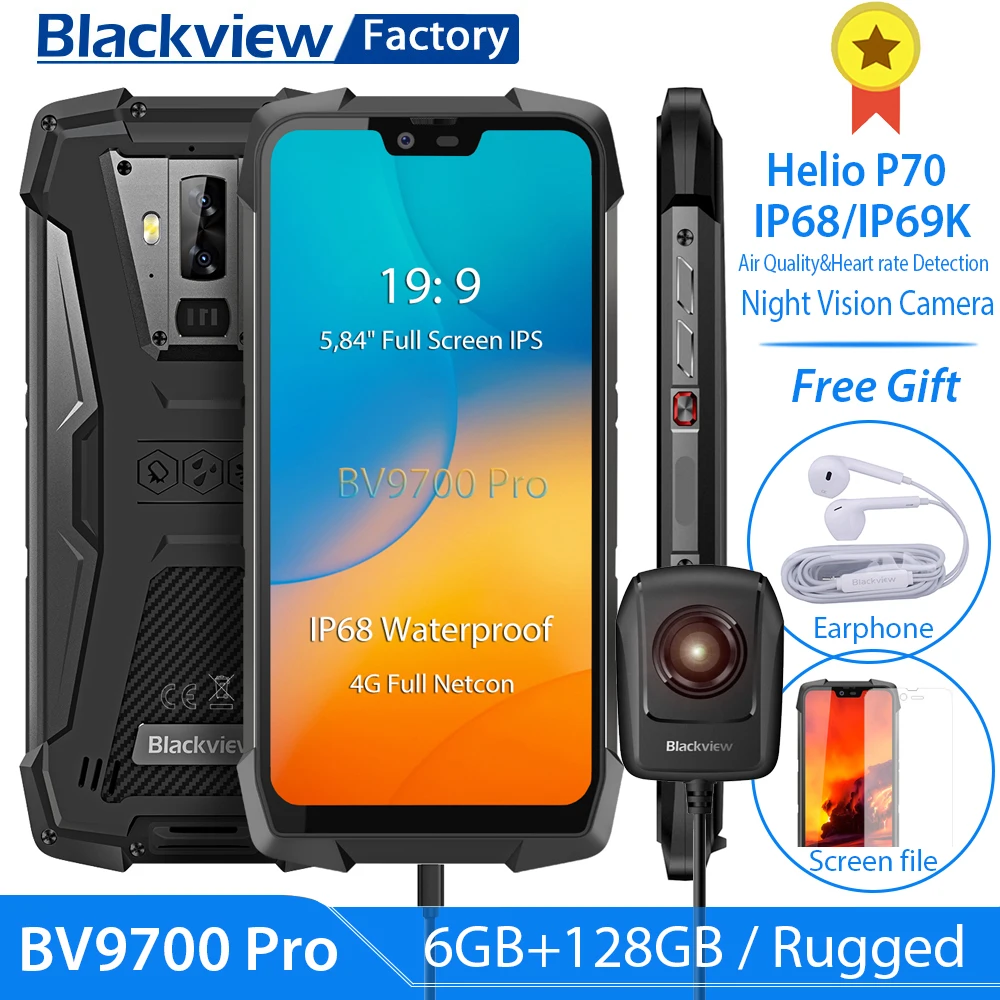

Blackview BV9700 Pro IP68 Waterproof Helio P70 6GB+128GB Smartphone 16MP Night Vision Camera Android 9.0 Rugged Mobile Phone