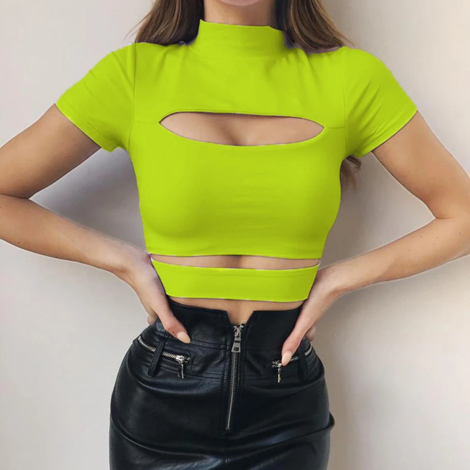 

Sexy Cutout Short Sleeve Solid Color Top 2019 New Summer Fluorescent Green White Black Fashion Bodycon Women's Vest Top