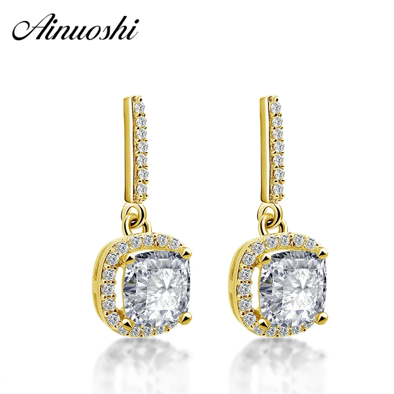 

AINUOSHI 10K Yellow Gold Square Drop Earrings 1.6ct Cushion Cut Gold Click Back Earrings Fine Pierced Earring Jewelry for Women
