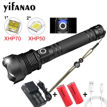 

Powerful LED Flashlight XHP70 XHP70.2 XHP50 Rechargeable USB Zoom Torch 18650 26650 Self Defense Hunting Lamp Low Power Display