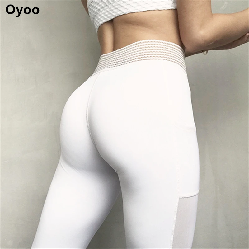 Oyoo, уникальные спортивные Леггинсы с высокой талией, с боковыми карманами, белые сетчатые штаны для йоги, однотонные тренировочные штаны, женские черные колготки для фитнеса