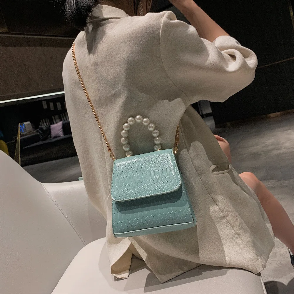 تمساح نمط بو الجلود Crossbody حقائب للنساء 2019 جديد اليد مع اللؤلؤ مقبض البسيطة سلسلة الكتف حقيبة ساعي المحافظ