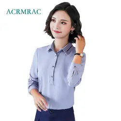 ACRMRAC Для женщин осенняя футболка с длинным рукавом сплошной цвет отложной воротник тонкий ПР Формальные Блузки Бизнес рубашка Для женщин