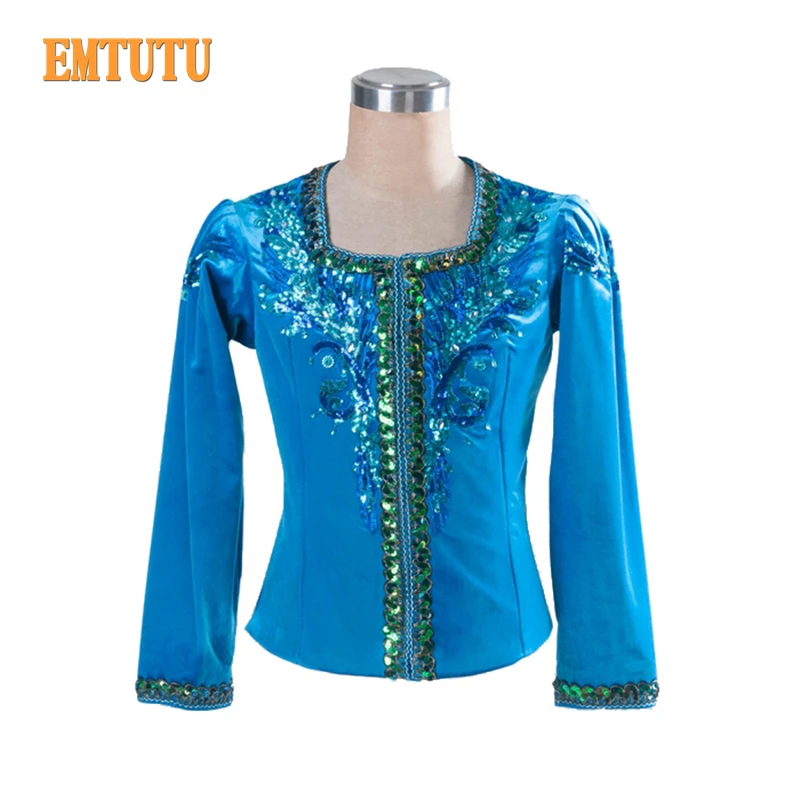 Men Blue Bird Professional Ballet Costume,Boy Swan Lake Ballet Dance Top,Prince Male Performance Ballet Tunic Jacket Outfit