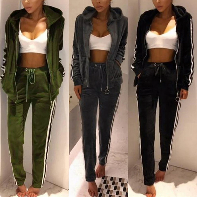 

SHUJIN Women Velvet Sportwear Set Autumn Winter Warm Velvet Tracksuit Two Piece Set Stripe Sweatshirt and Pant Suit Homewear