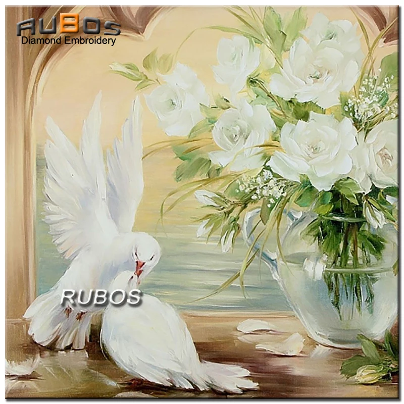 

RUBOS DIY 5D diamond painting Pigeons White rose diamond embroidery picture by rhinestone full round embroidered with rhinestone