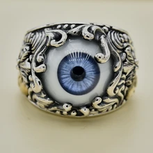 Imported from Thailand, GV prosthetic eye blue iris pattern male punk silver ring, 925 Sterling Silver thailand imports genuine gv new moon key pendant