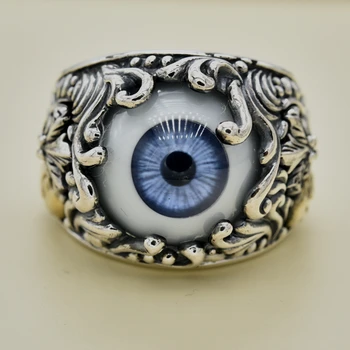 

Imported from Thailand, GV prosthetic eye blue iris pattern male punk silver ring, 925 Sterling Silver