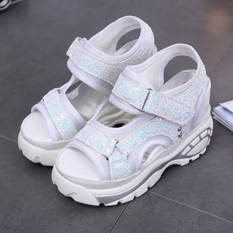 2018 black Silver Zapatillas Verano Talones Zapatos Mujeres Bling Plataforma Ascensor Sandalias Mujer Slides Cuñas Ultra Altos Sandalia rtarZX
