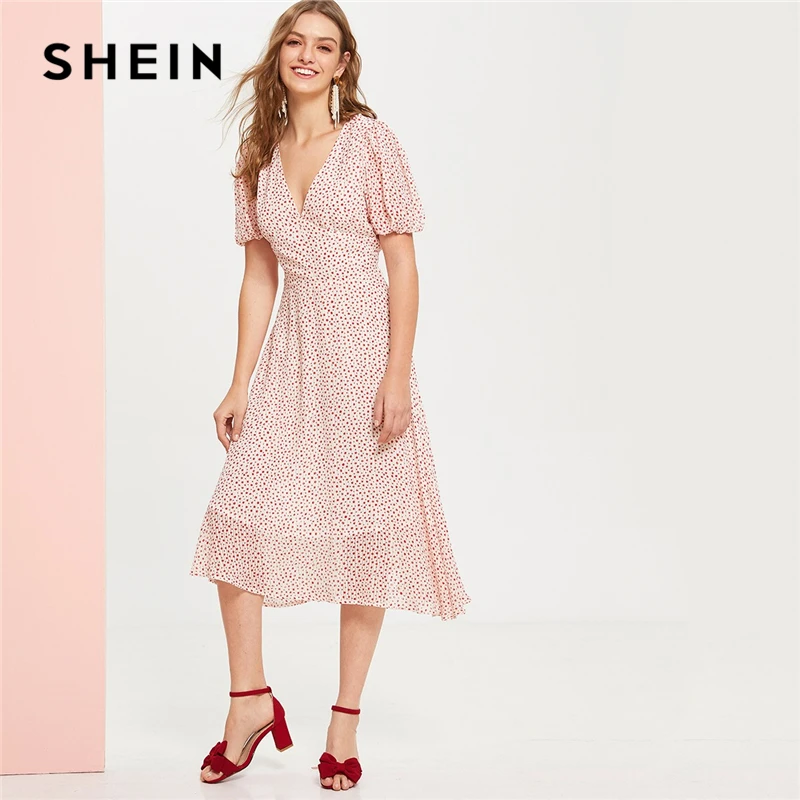 

SHEIN Boho Multicolor Plunge Neck Puff Short Sleeve High Waist Polka Dot Summer Long Dress Women A Line Fit and Flare Dresses