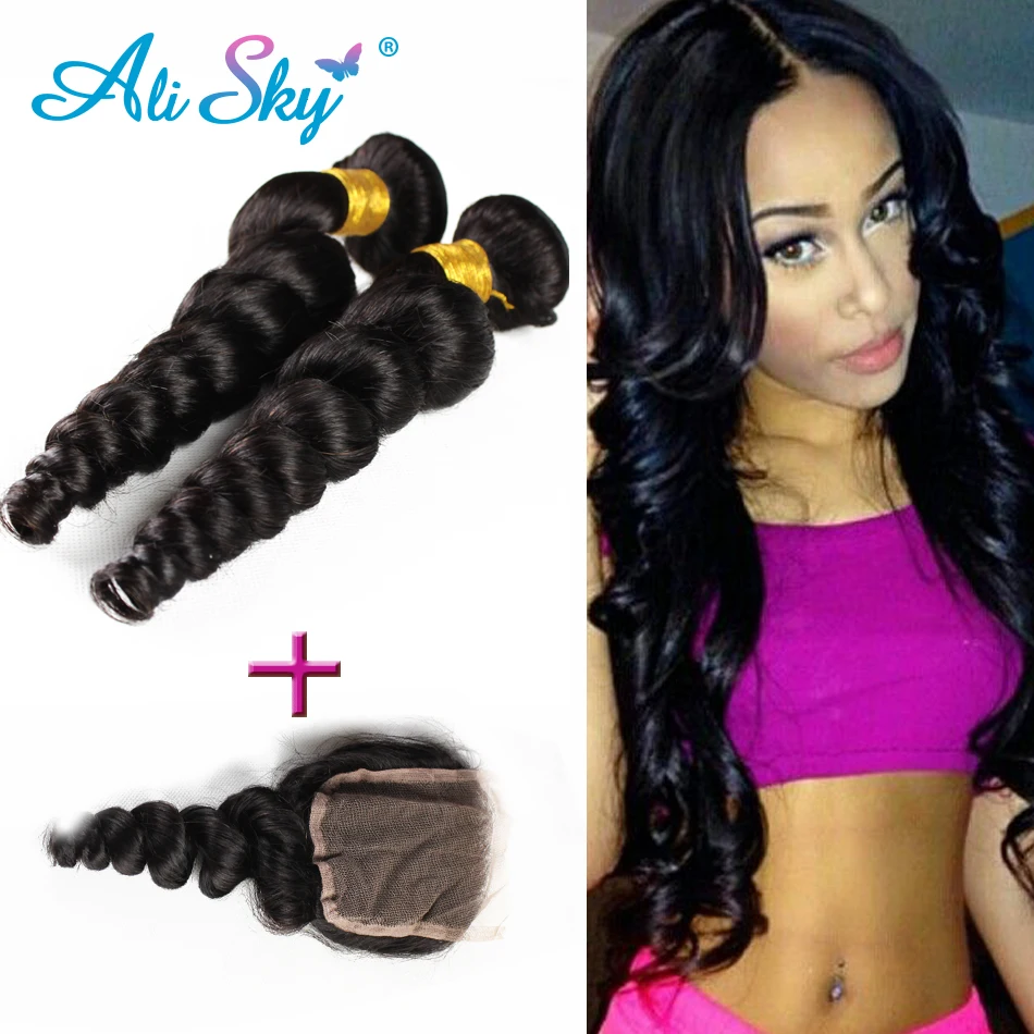 

100 Human Hair and closures 2 Bundles with closure Loose Weave Brazilian Virgin Hair Bundles with Lace Closures  Brazilian Hair