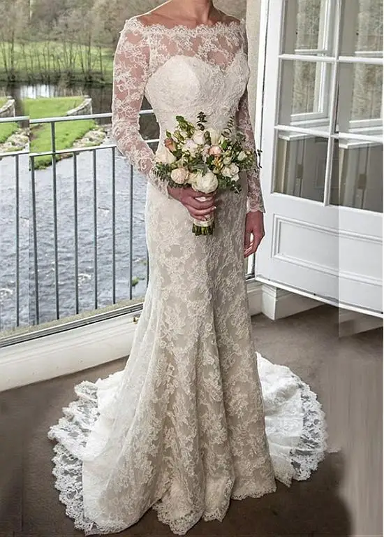 

2019 Lace Long Sleeves Scoop Court Train Boho Wedding Dress Gown Sofuge Vestido De Noiva Dubai Arabic Suknia Slubna