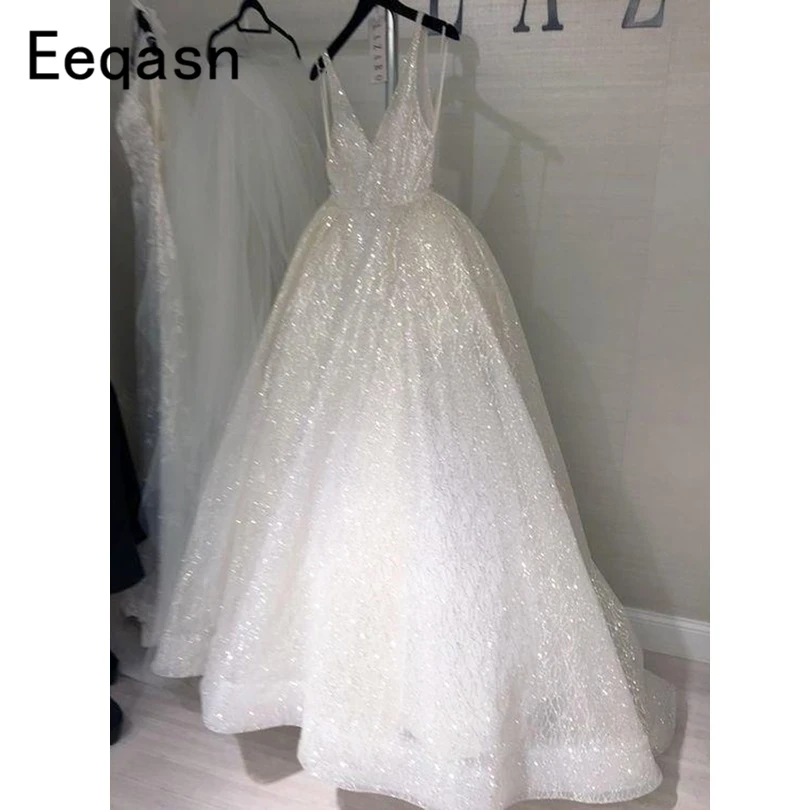 Sparkly Bling Dubai Wedding Dresses Sexy Back Open Long A-line V-neck Wedding Gown White Women Bridal Dresses Plus Size 3