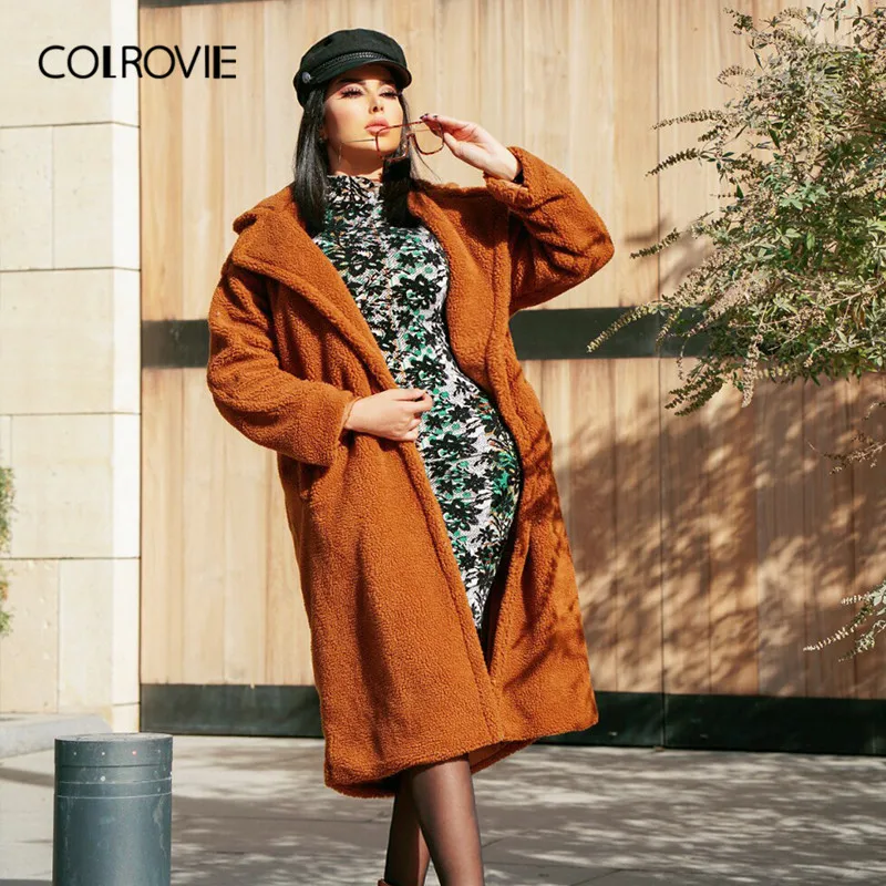 Online COLROVIE Marrone Solido Tasca Anteriore Aperto Casual Teddy Cappotto Delle Donne di Modo di Autunno Caldo Cappotto Lungo Ufficio Delle Signore Elegante Outwear