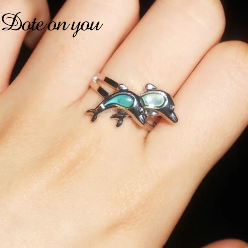 

2018 Korean Fashion Personality Double Dolphin 925 Opening Adjustable Silver Plated Female Ring Dolphin Ring Mood Ring Change