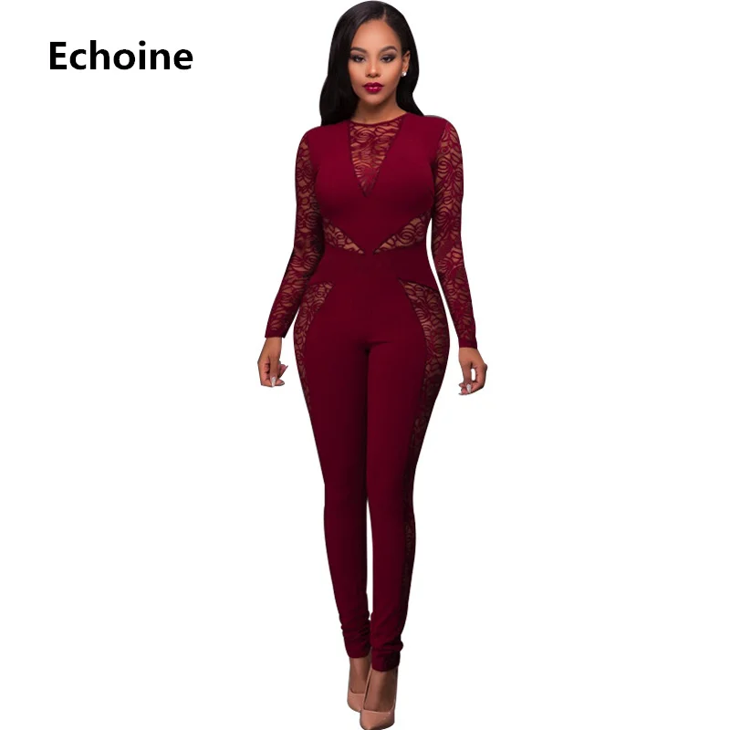 

2018 Autumn Womens Jumpsuit Long Sleeve Patchwork Sexy Lace Romper Women Sexy Bodycon Club Outfit Long Pants Rompers Streetwear
