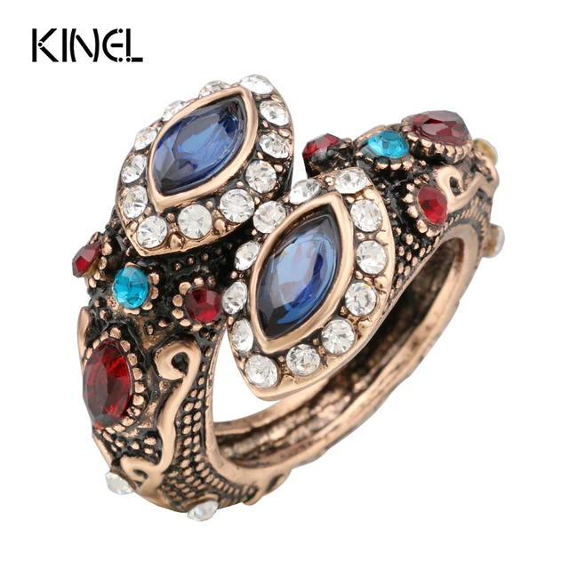 Kinel Unico Anello di Cristallo di Colore Oro Antico Look Vintage Doppia Testa B Kinel Unico Anello di Cristallo di Colore Oro Antico Look Vintage Doppia Testa B