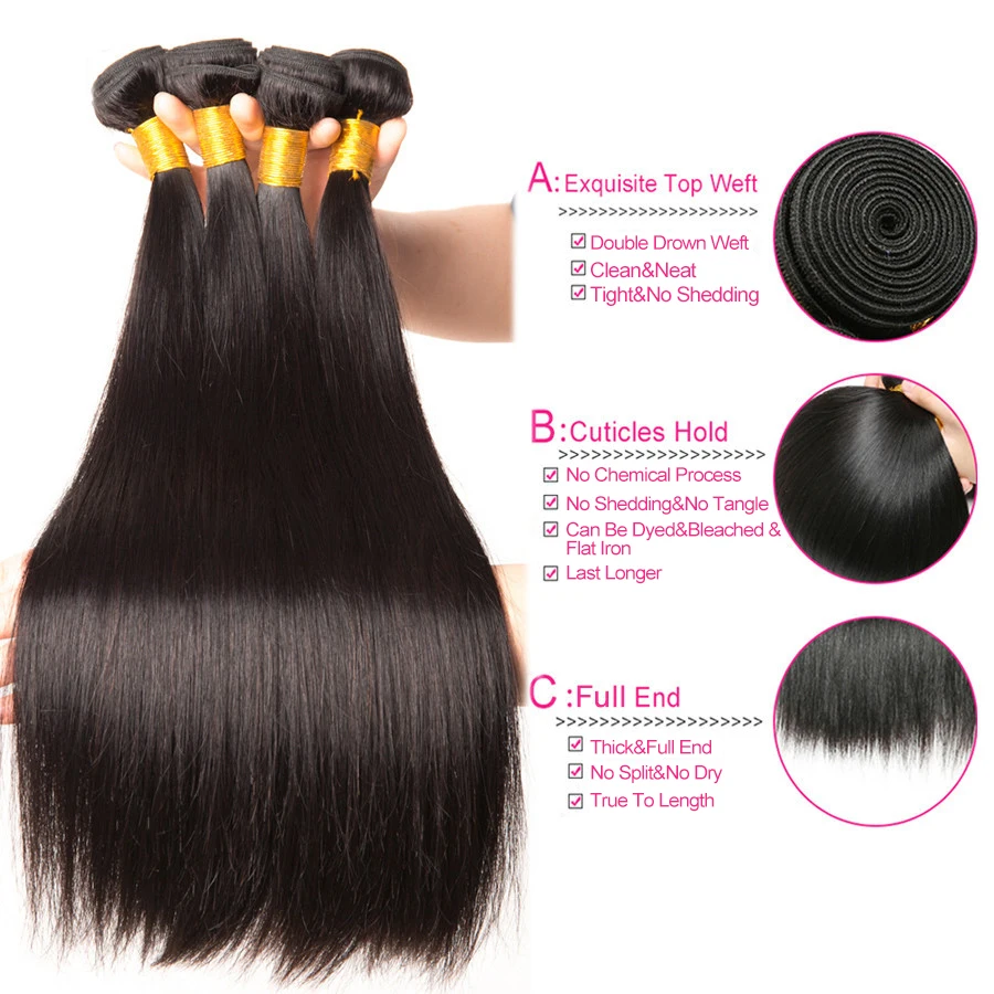Beyo Straight Hair Bundles 100% Human Hair Bundles Non-Remy Hair Extensions 1/3/ 4 Bundle Deals 8-28 Inch Indian Hair Bundles