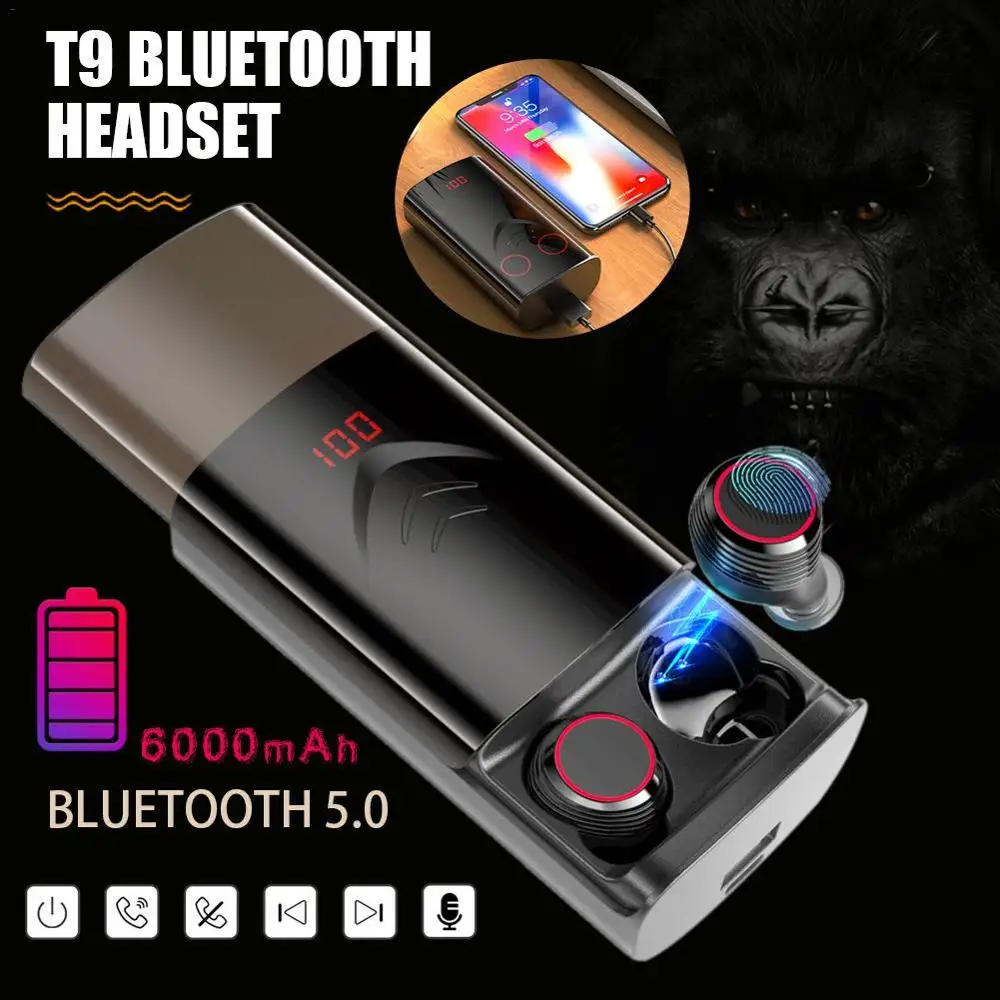 

NEW TWS Wireless Bluetooth 5.0 Earphone Stereo HIFI Noise Reduction Earbuds With 6000mAh Charging Case T9 Bluetooth Headset