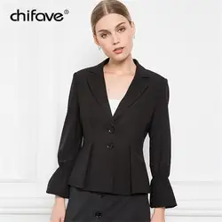 Осень 2018 г. черный блейзер для женщин с длинным Расклешенным рукавом Пиджаки для офисные женские туфли пиджак женский тонкий плюс разме
