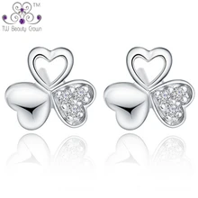 Заводская цена реальная 925 чистого серебра микро укладки фианит 3 листа клевера сердце Серьги-гвоздики много для Для женщин партии ювелирные изделия