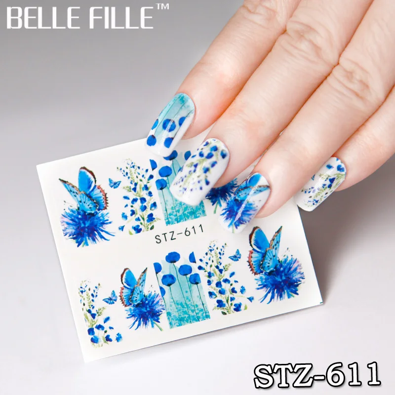 Belle Fille 1 шт. наклейка на ногти водная синяя бабочка цветок переводная Слайдеры для