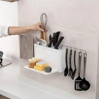 

5 In 1 Kitchen Wall Knife Storage Rack Set Cultery Chopsticks Fork Spoon Organizer Shelf With Rag Shelf+Hooks+Draining Tray