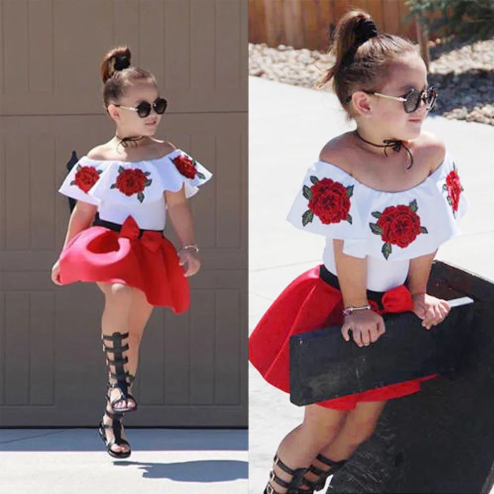 

MUQGEW Elastic Breathable Toddler Baby Girls Sleeveless Off Shoulder Embroidery Rose Tops+Skirts Outfits costume baby
