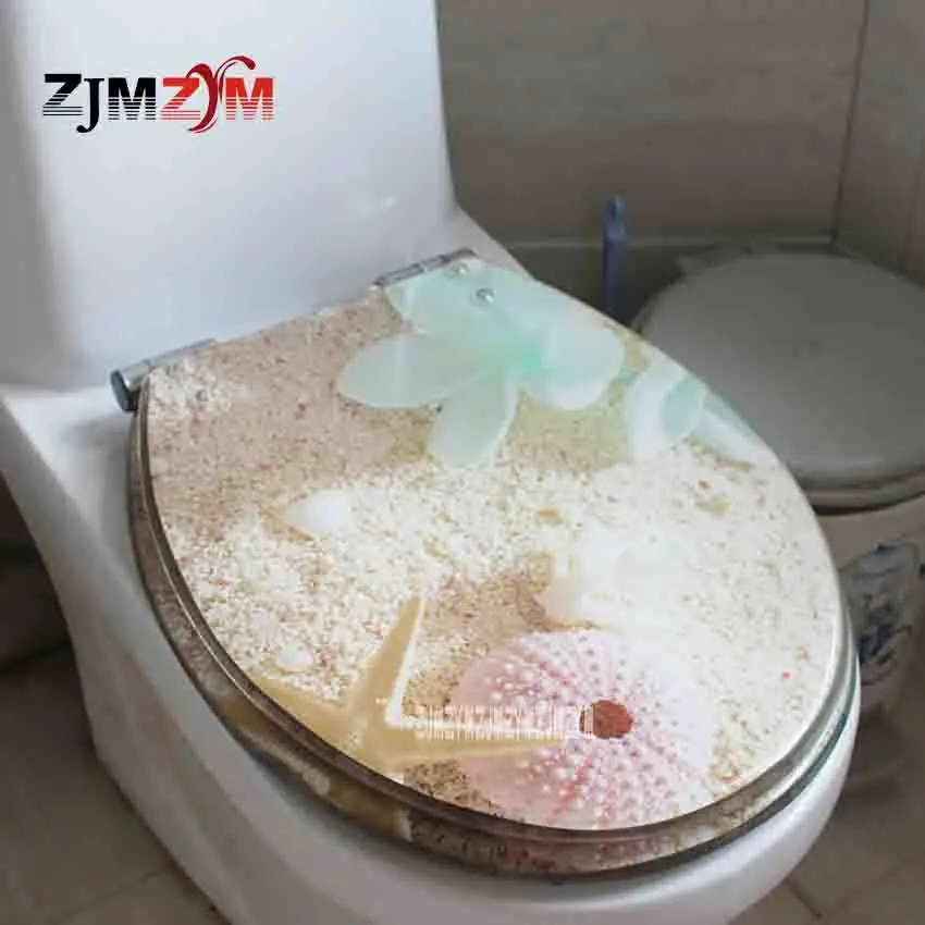 

New Resin Stainless Steel Slow Down Hinge Toilet Seat Cover Sunny Beach Painting Natural Style U/V/O Universal Toilet Seat Cover