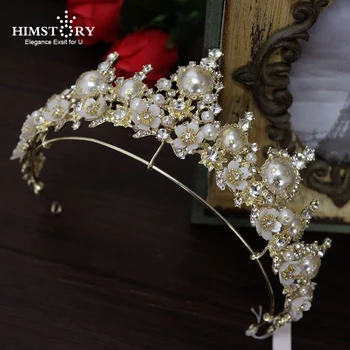 

Retro European Baroque Faux Pearls Brides Tiaras Crowns Gold Flowers Headpieces Crystal Wedding Dresses Hair Accessories