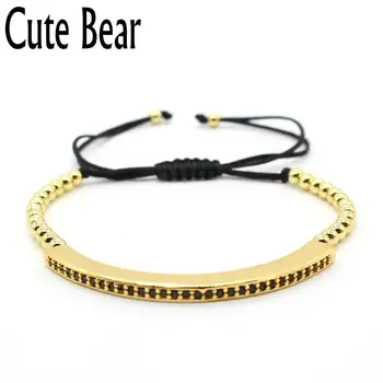 

Cute Bear Brand Beads Bracelet Unisex Black Zircon Curved Long Tube Bar Braided Macrame Bracelets Men Women Jewelry Wholesale