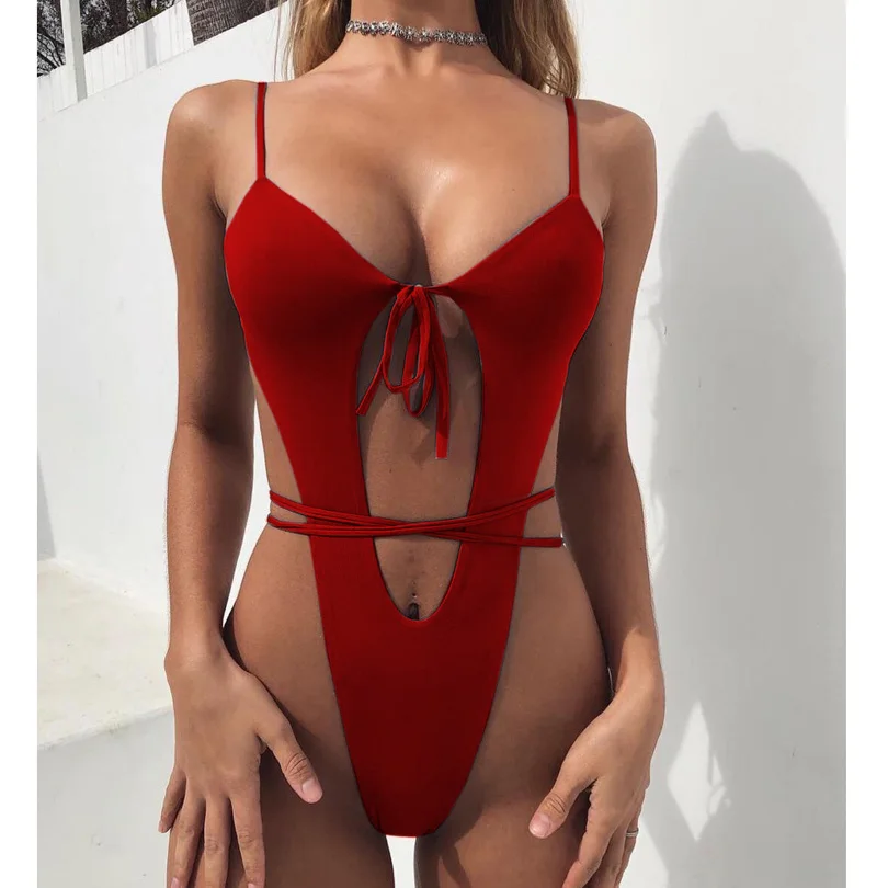 2020 Sexy One Piece Swimsuit Women High Neck Bandage Cross Back Neck Monokini Black Swimwear Women Bathing Suits Swimming Suit