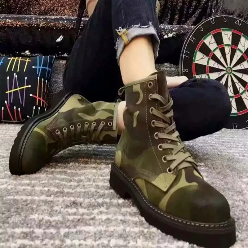 2017 Womens brand Military Boots Lace Up Camouflage Martin Boots European Famous designer Ankle Booties Shoes Genuine Leather