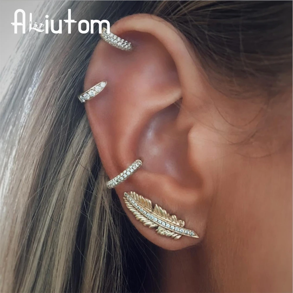 

4pcs/set Bohemian Crystal Feather Stud Earrings for Women Vintage Gold Color Ear Cuff Ethnic Small Earrings Party Jewelry Gift