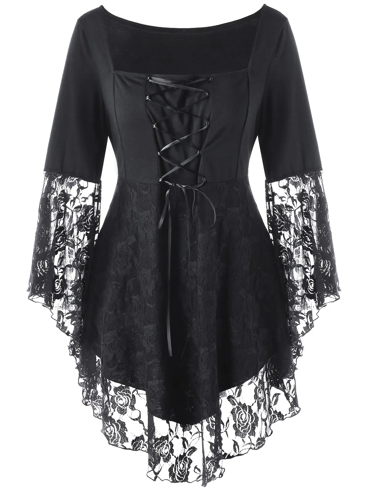 Gamiss 2018 Gothic T Shirts Women Plus Size Square Collar Flare Sleeve Lace Hem Ladies Tops Black Woman Clothes | Женская одежда