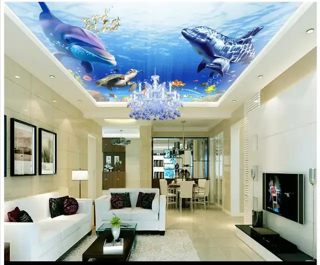 Us 11 79 55 Off 3d Wallpaper 3d Ceiling Wallpaper Ocean Aquarium Dolphins And Sea Turtles Zenith Ceiling Murals 3d Living Room Photo Wallpaper In