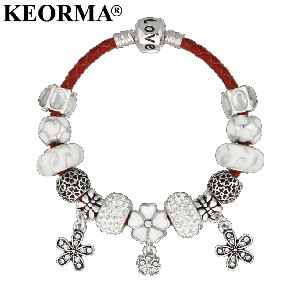 KEORMA Flower Shaped Charm Bracelet European White Crystal Beads