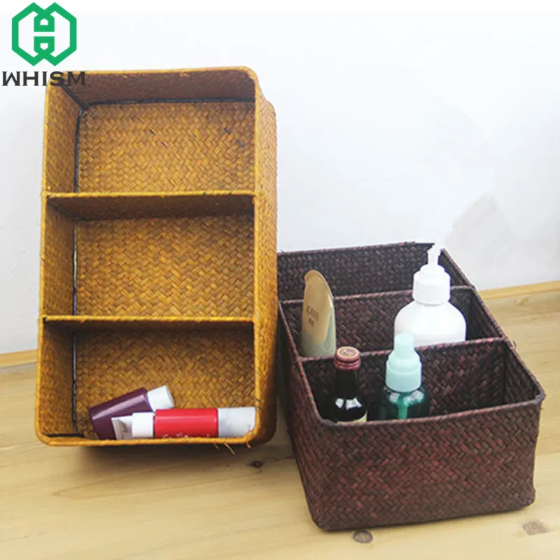 

WHISM Wicker Woven Storage Boxes 3 Compartment Rattan Sundries Desktop Basket Makeup Organizer Phone Holder Kitchen Container