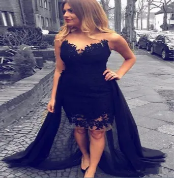 

Arabic Black High Low Overskirt Evening Dress V Neck Tulle Lace Sexy Formal Graduation 2019 Prom Dresses robe soiree dubai Gowns