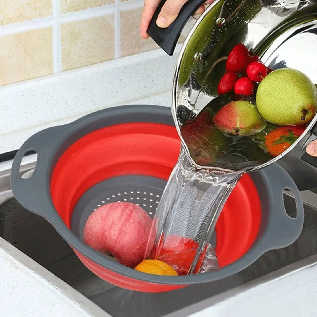 Collapsible Silicone Colander Folding Kitchen Silicone Strainer Fruit