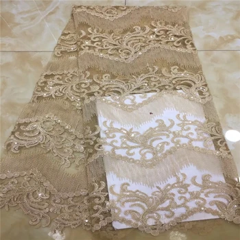 

VILLIEA Latest Gold African Laces Fabrics Embroidered Fashion Nigerian French Lace Fabrics With Beads For Wedding Dress