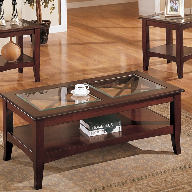 Wooden 3 Piece Table Set With Glass Top In Dark Cherry Brown