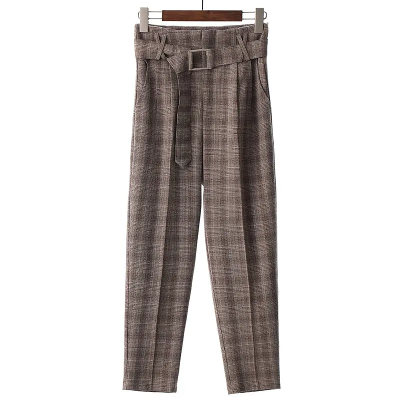 BGTEEVER, винтажные клетчатые штаны для женщин, с поясом, узкие брюки, высокая талия, Ретро стиль, рабочие брюки, женские повседневные штаны,, высокое качество - Цвет: coffee