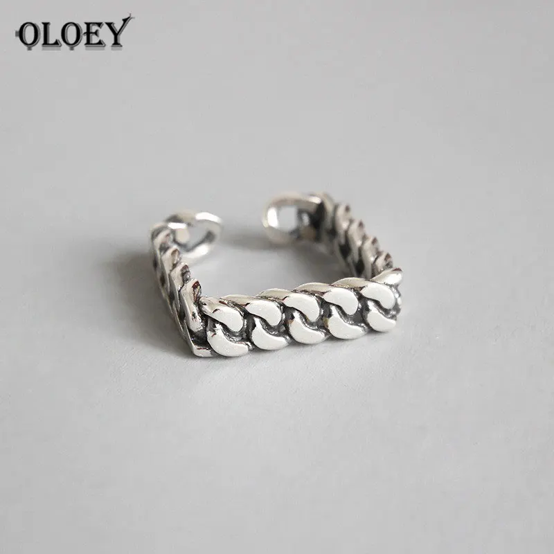 

OLOEY 100% Real 925 Sterling Silver Open Ring Vintage Do The Old Style Chain Square Rings For Women Fine Party Jewelry YMR503