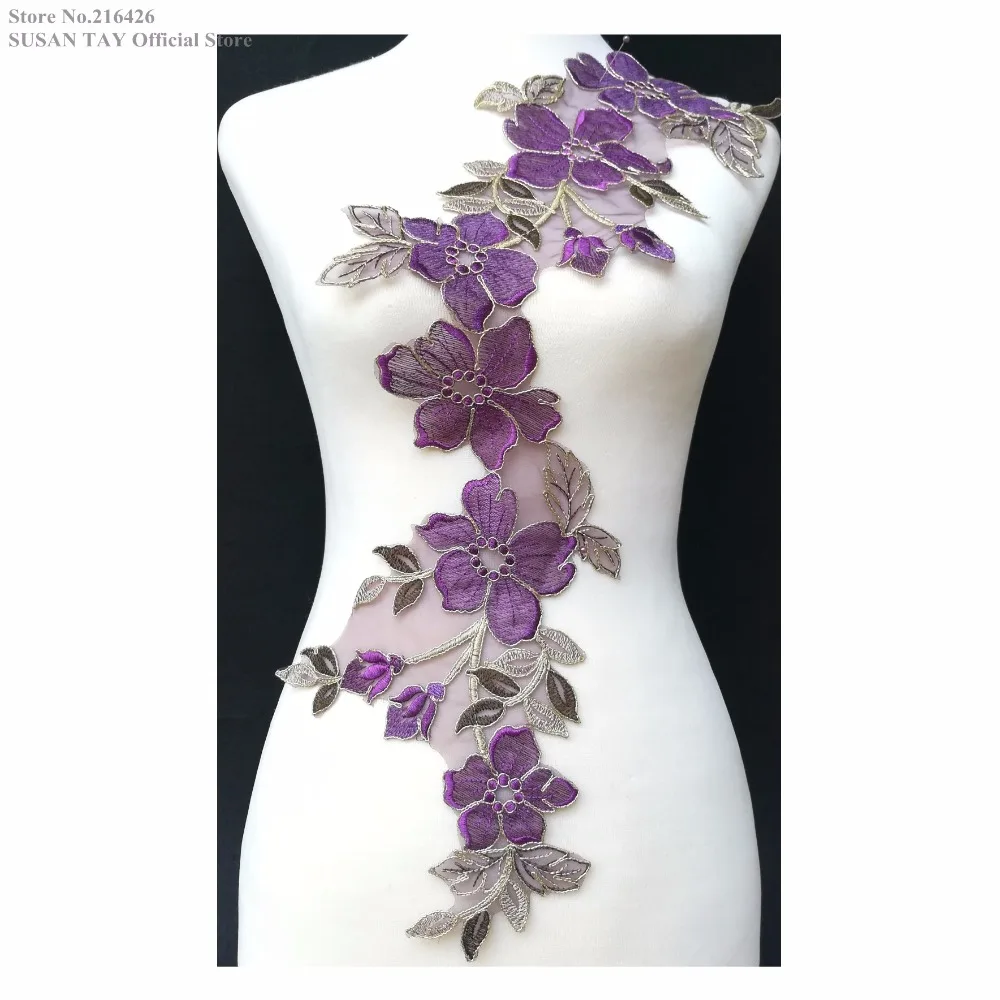 

DHL/EMS Free Shipping 10pcs/lot x Purple/Gold Flower Embroidery Organza Lace Collar Appliques Patches Dance Wedding DECOR BNC49J