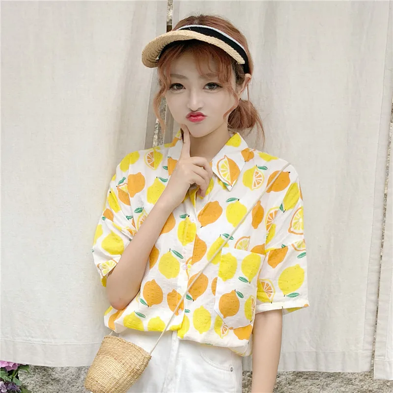 

Summer new Korean version of the printed lemon short-sleeved shirt female fresh retro students loose shirt Tops